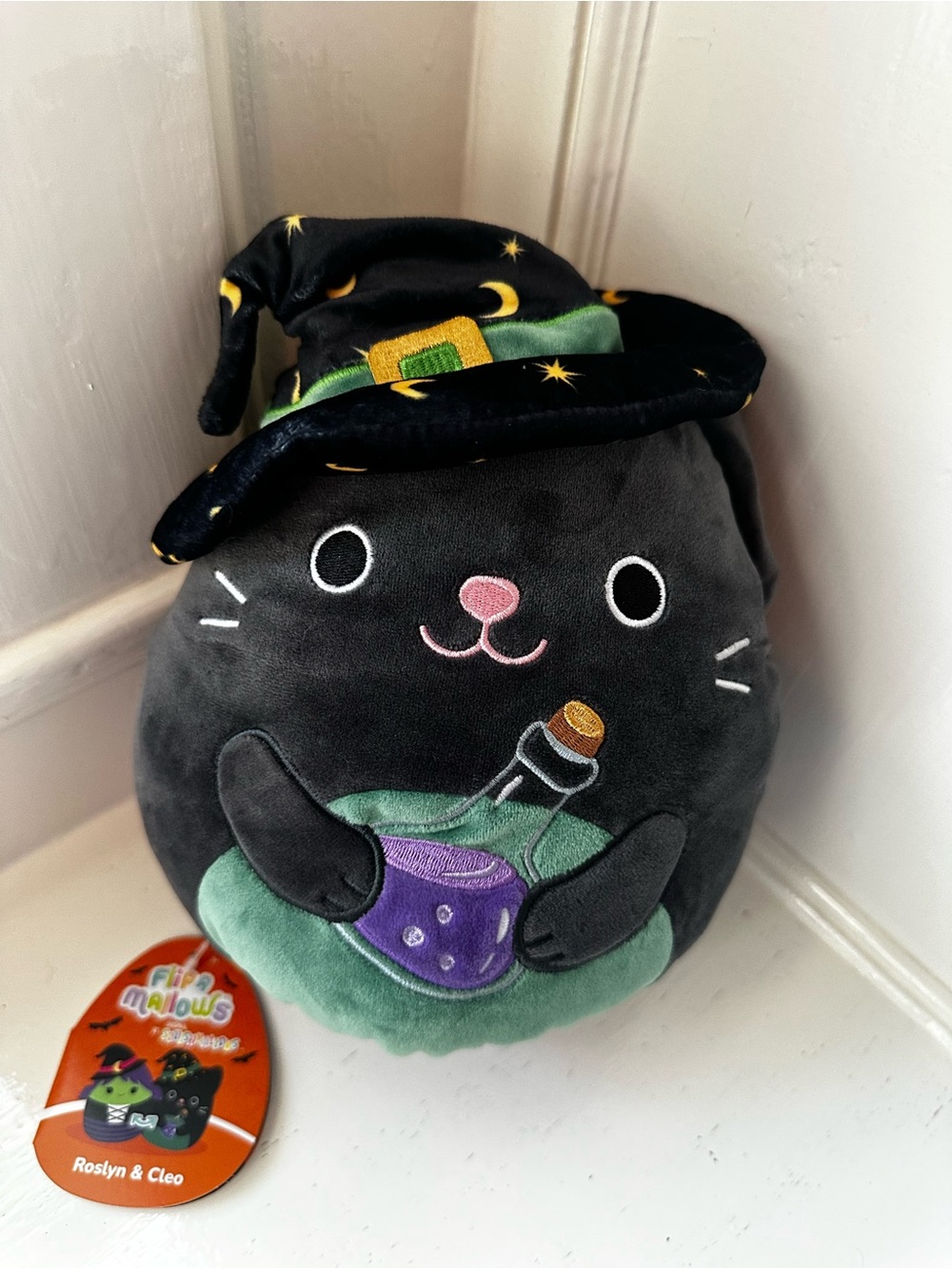 Squishmallows Black Witch Cat Plush with Green Hat and Purple Potion